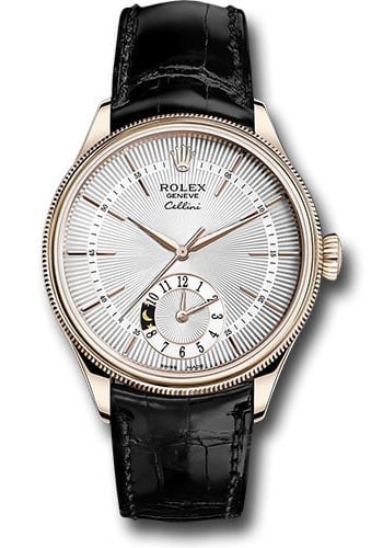 2019 Rolex Cellini Dual Time Silver Dial Leather Strap Ref 50525 New Style Card: 2019 Rolex Cellini Dual Time Silver Dial Leather Strap Ref 50525 New Style Card This Rolex Cellini Dual Time features a silver dial, fluted bezel, and is presented on a leather strap. The timepiece is