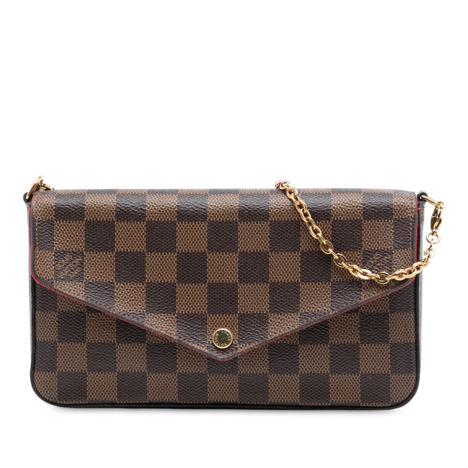 Louis Vuitton Felicie Damier Ebene Crossbody Bag with Detachable Chain Strap: Louis Vuitton Felicie Damier Ebene Crossbody Bag with Detachable Chain Strap The Louis Vuitton Damier Ebene Pochette Felicie is a crossbody bag crafted from Damier Ebene canvas in brown. It features a