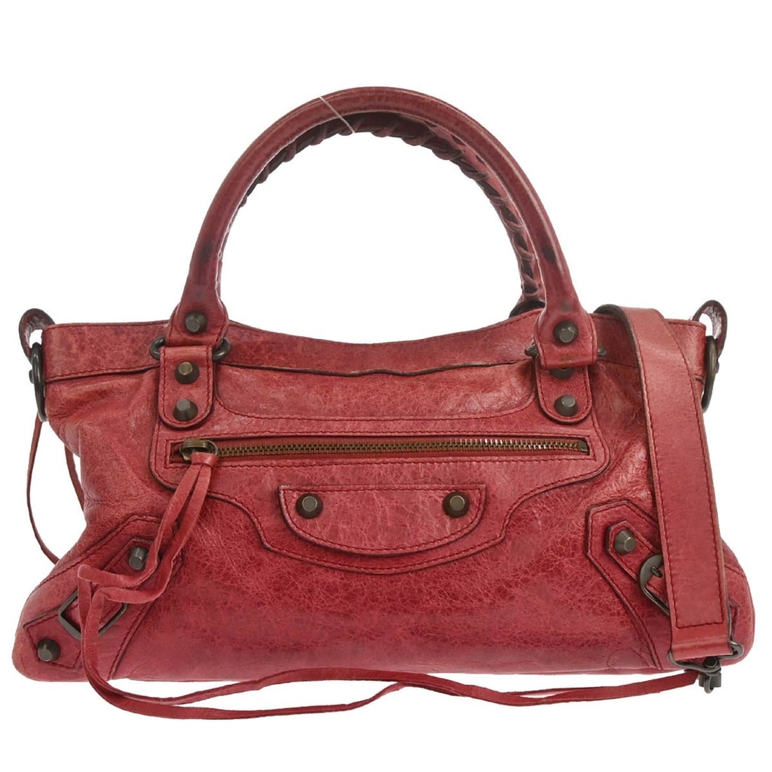 Red Balenciaga Lambskin The First Top Handle Bag with Double Handles: Red Balenciaga Lambskin The First Top Handle Bag with Double Handles This Balenciaga The First 2way handbag is crafted from red lambskin leather and features a medium-sized top handle design with doub
