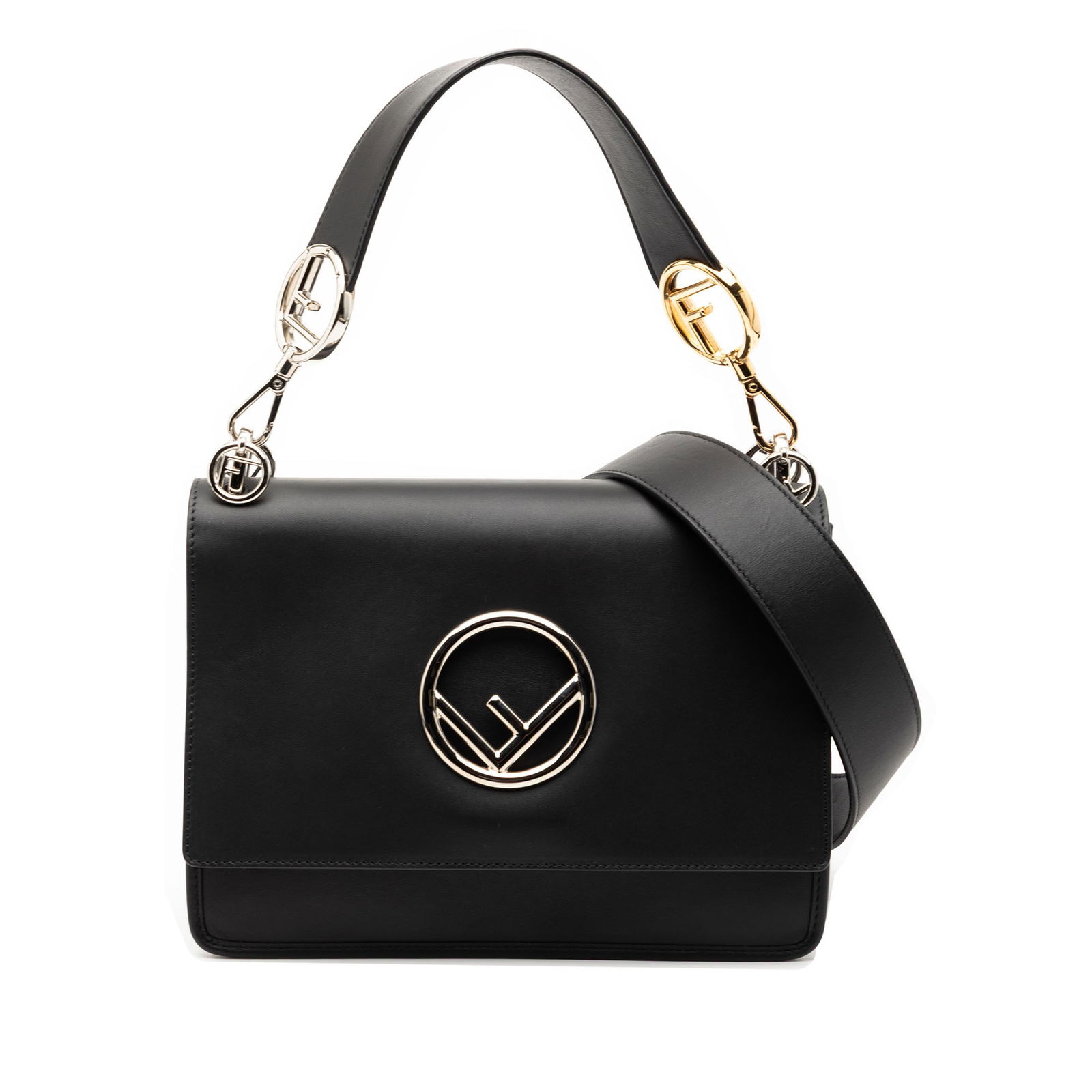 Fendi Kan I F Black Leather Satchel with Detachable Strap: Fendi Kan I F Black Leather Satchel with Detachable Strap This Fendi Kan I F satchel features a smooth black leather body with a detachable flat leather handle and strap. The front flap is adorned wit