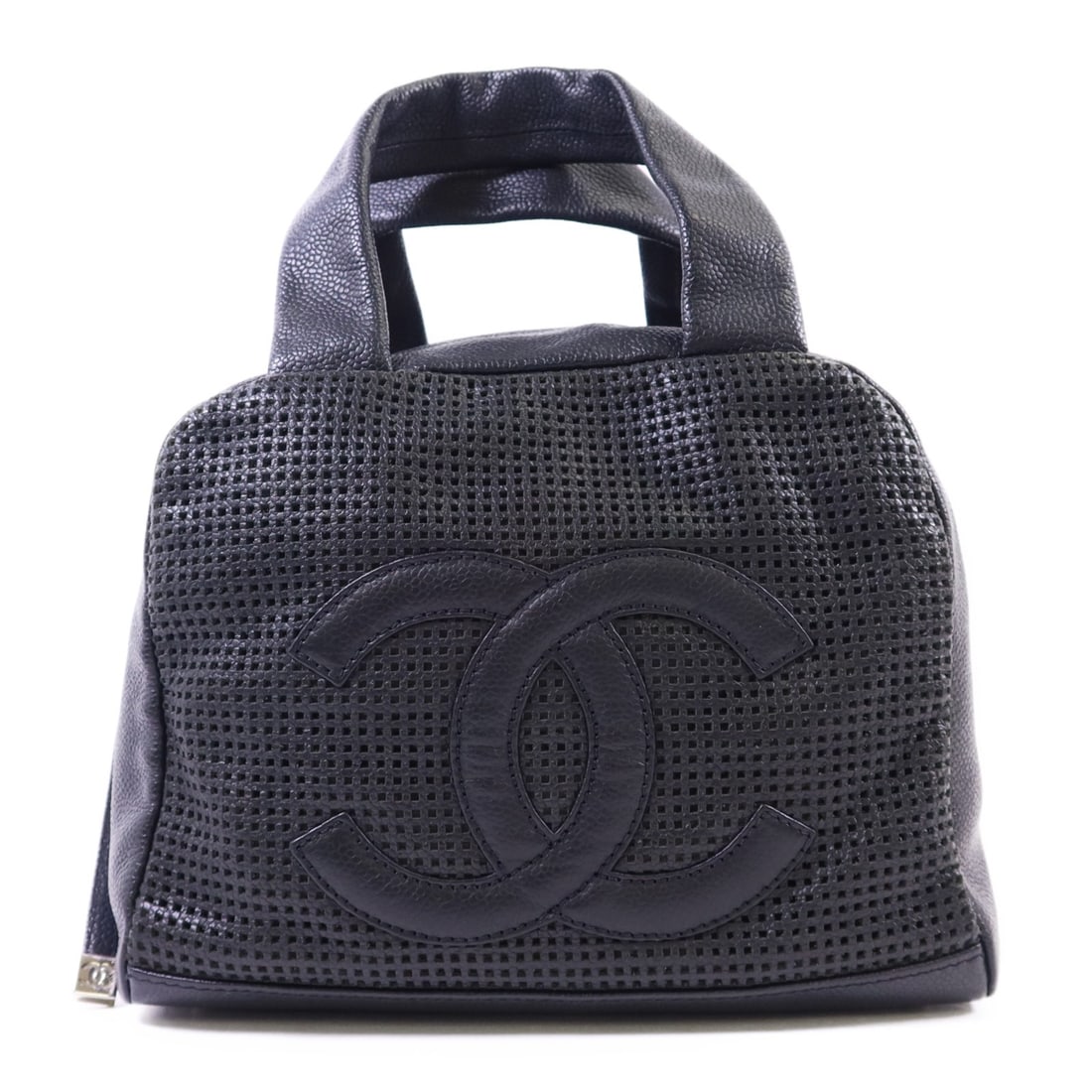 Black Leather Handbag by CHANEL with Silver Tone CC Hardware: Black Leather Handbag by CHANEL with Silver Tone CC Hardware This CHANEL handbag features a sleek black leather exterior and a classic design. Made in France, it showcases the signature CC logo with s