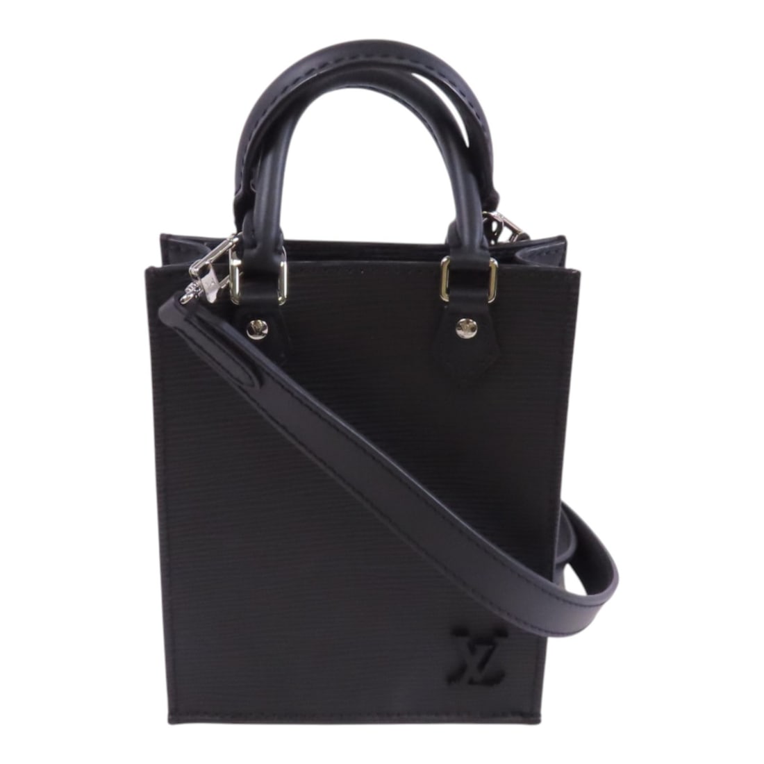 Louis Vuitton Petit Sac Plat Black Calfskin 2way Shoulder Bag M69441: Louis Vuitton Petit Sac Plat Black Calfskin 2way Shoulder Bag M69441 This Louis Vuitton Petit Sac Plat handbag is a stylish accessory crafted from high-quality calfskin leather in a sleek black finish
