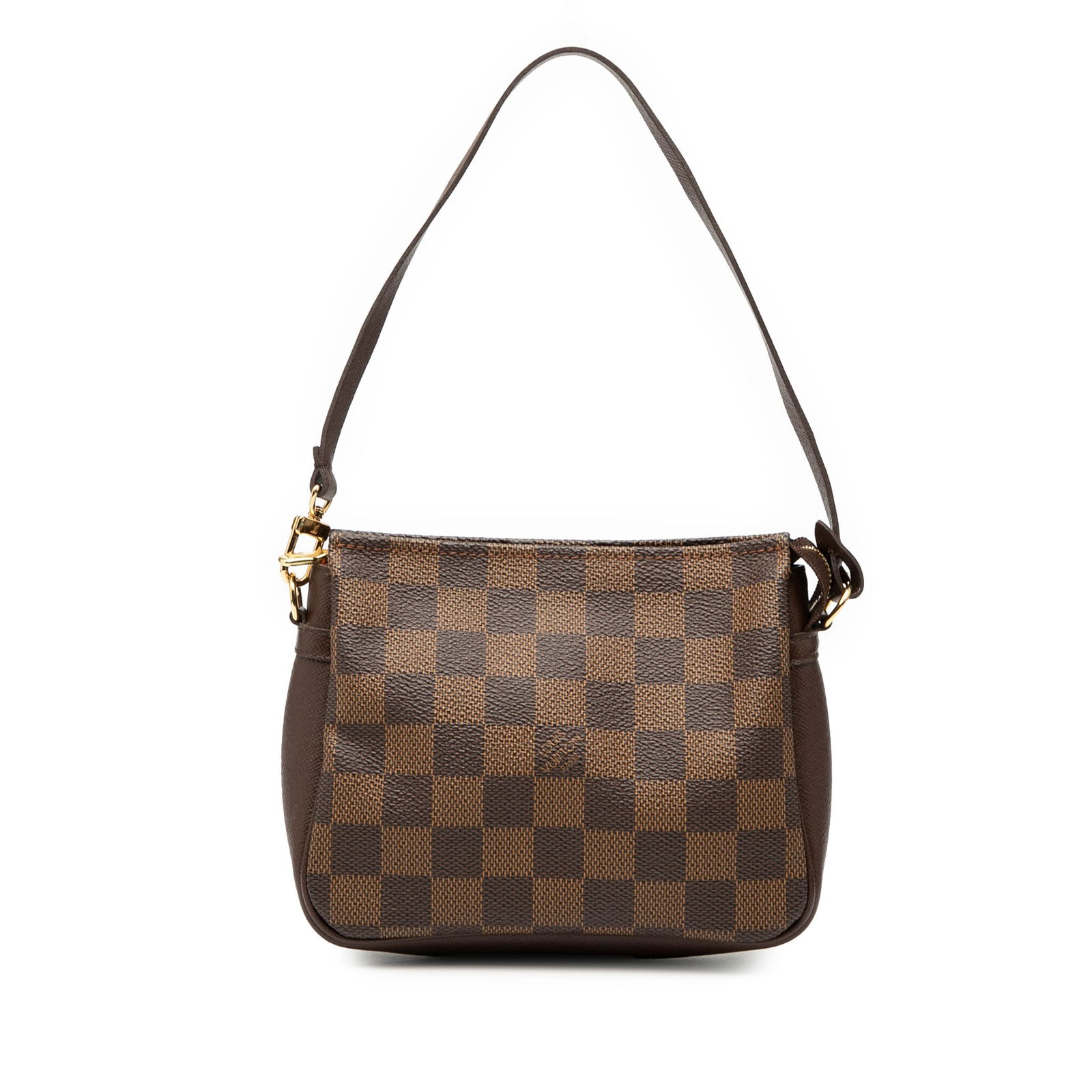 Damier Ebene Canvas Trousse Pochette Bag by Louis Vuitton: Damier Ebene Canvas Trousse Pochette Bag by Louis Vuitton The Louis Vuitton Damier Ebene Trousse Pochette features a signature Damier canvas body with leather trim, a flat leather strap, and a top zip