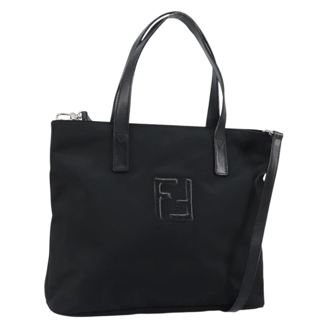 FENDI Black Silver Nylon Hand Bag 2way Auth Made in Italy: FENDI Black Silver Nylon Hand Bag 2way Auth Made in Italy This authentic Fendi hand bag combines luxury and practicality with its sleek nylon exterior in a striking black and silver color scheme. Meas
