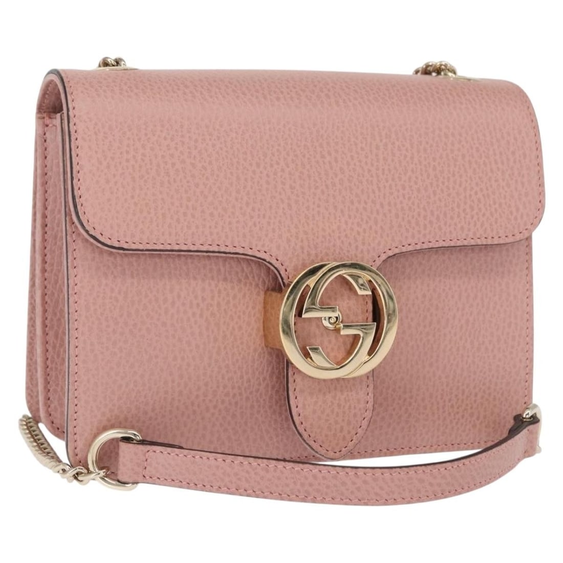 Pink Leather Shoulder Bag by Gucci 510304 with Chain Strap and Dust Bag: Pink Leather Shoulder Bag by Gucci 510304 with Chain Strap and Dust Bag This GUCCI Interlocking Chain Shoulder Bag features a pink and gold leather exterior with a structured silhouette. The bag has a