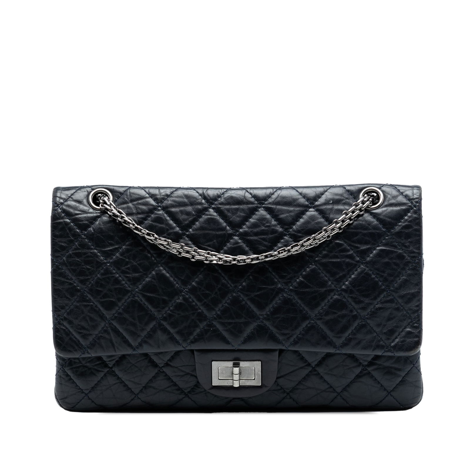 Chanel Reissue 2.55 Double Flap 227 Aged Calfskin Blue Shoulder Bag: Chanel Reissue 2.55 Double Flap 227 Aged Calfskin Blue Shoulder Bag Introducing the Chanel Aged Calfskin Reissue 2.55 Double Flap 227, a sophisticated shoulder bag crafted from luxurious quilted aged