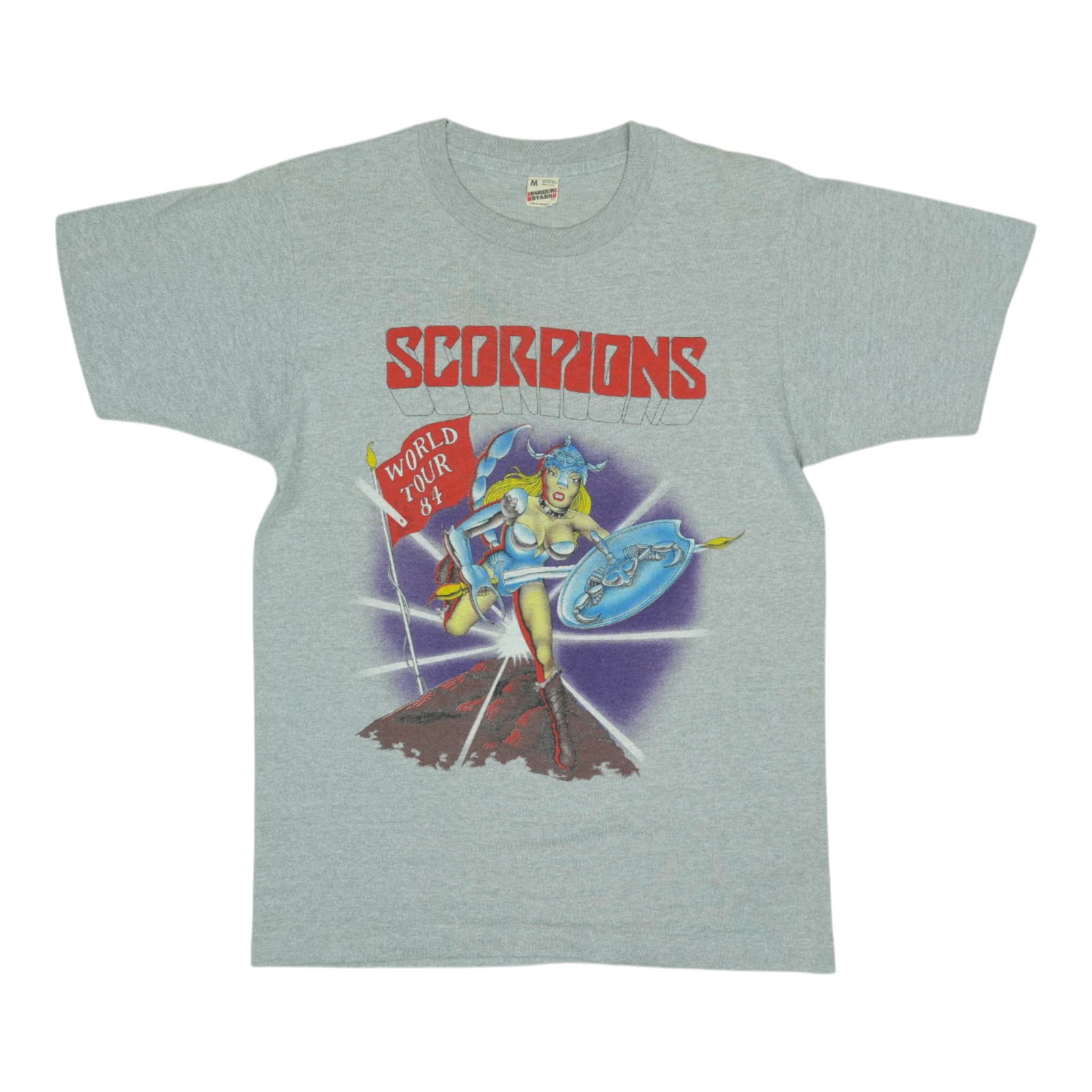 Vintage 1984 Scorpions Concert Tour Graphic Grey Poly Cotton T Shirt: Vintage 1984 Scorpions Concert Tour Graphic Grey Poly Cotton T Shirt This is an original vintage 1984 Scorpions World Tour shirt featuring graphics on both the front and back. Made from a comfortable