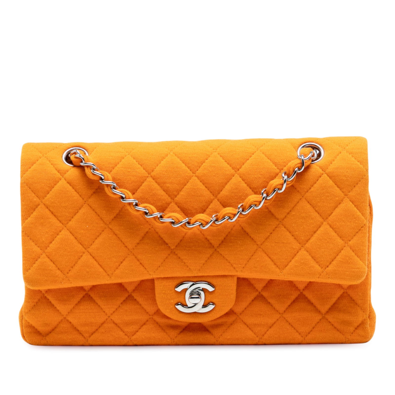 Chanel Medium Classic Double Flap Orange Jersey Shoulder Bag: Chanel Medium Classic Double Flap Orange Jersey Shoulder Bag Elevate your accessory collection with the Chanel Medium Classic Jersey Double Flap bag. This stylish shoulder bag is crafted from a luxuri