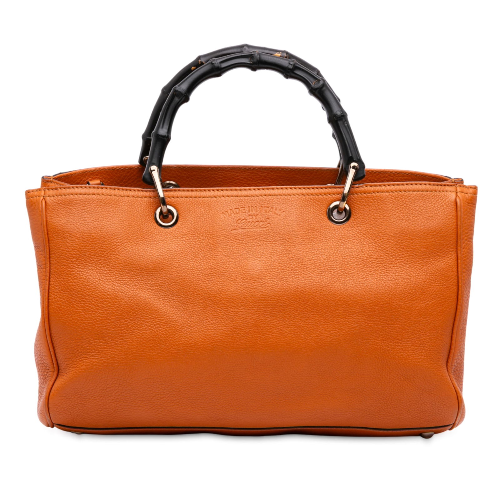 Gucci Medium Calfskin Bamboo Satchel Orange Leather Italy: Gucci Medium Calfskin Bamboo Satchel Orange Leather Italy The Gucci Medium Calfskin Bamboo Shopper Satchel is a stylish and functional accessory crafted from high-quality leather. It features distinct