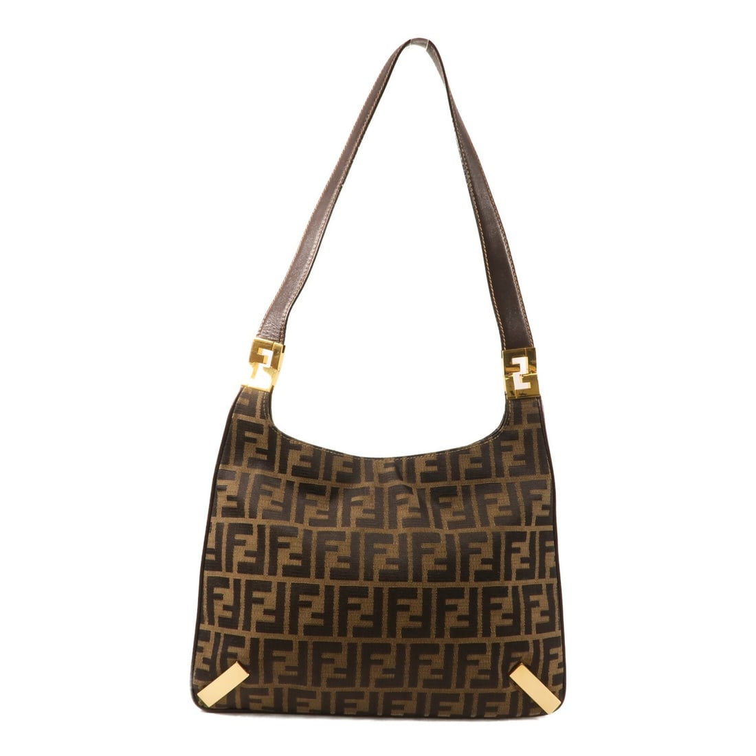 Brown Canvas Zucca Shoulder Bag by Fendi with Gold Hardware: Brown Canvas Zucca Shoulder Bag by Fendi with Gold Hardware This Fendi Zucca Hobo shoulder bag features the iconic brown canvas exterior and gold-tone hardware. Crafted in Italy, the bag showcases a c