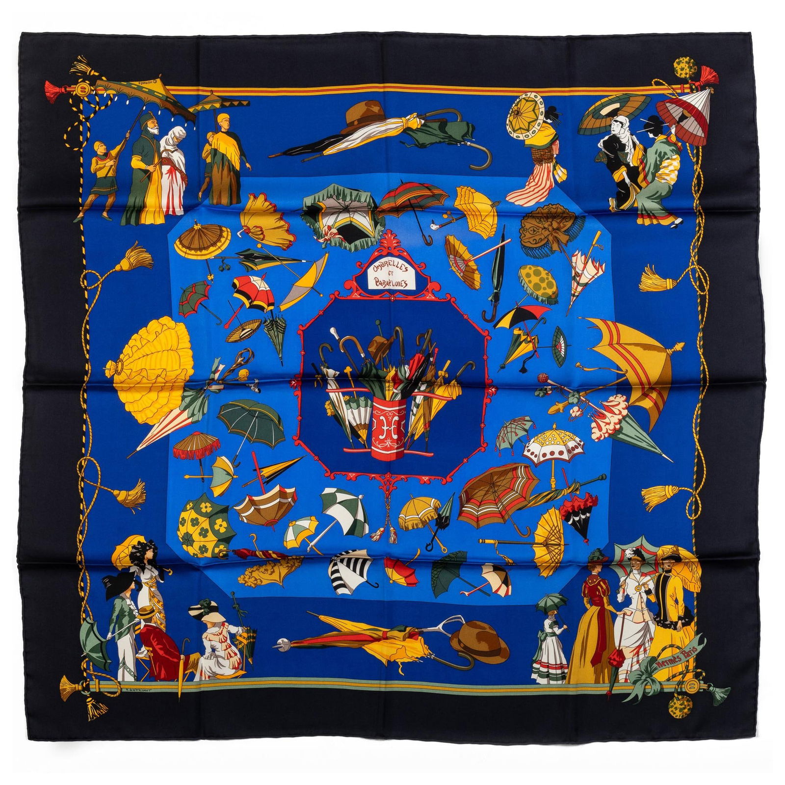 Hermes Collectible Umbrellas Silk Scarf Blue Yellow 35in: Hermes Collectible Umbrellas Silk Scarf Blue Yellow 35in This stunning Hermes collectible umbrellas silk scarf showcases a vibrant blue and yellow design that beautifully highlights the brand's luxuri