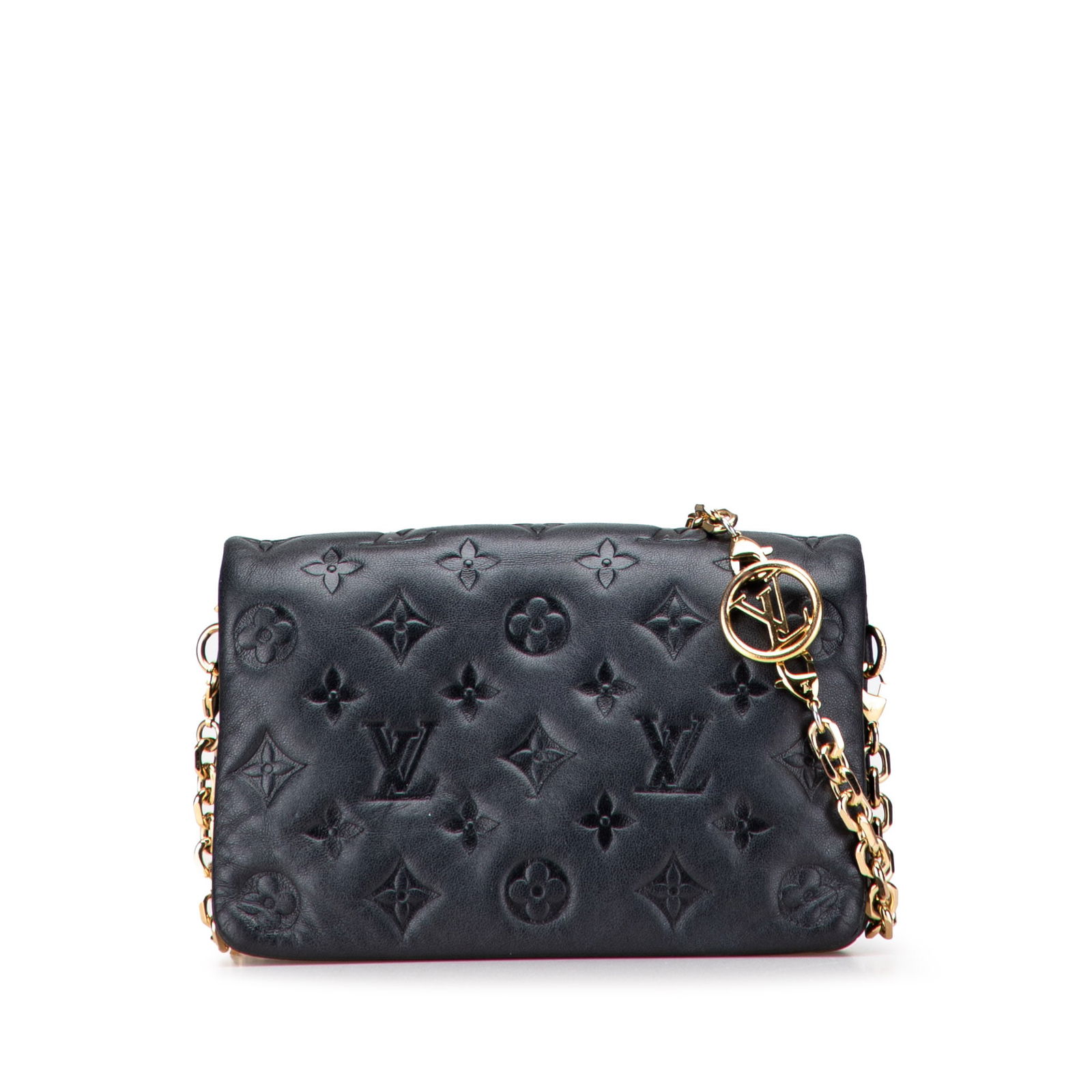 Louis Vuitton Monogram Embossed Pochette Coussin Black Leather Bag: Louis Vuitton Monogram Embossed Pochette Coussin Black Leather Bag The Louis Vuitton Monogram Embossed Pochette Coussin is a chic and versatile accessory crafted from embossed lambskin leather in a sl