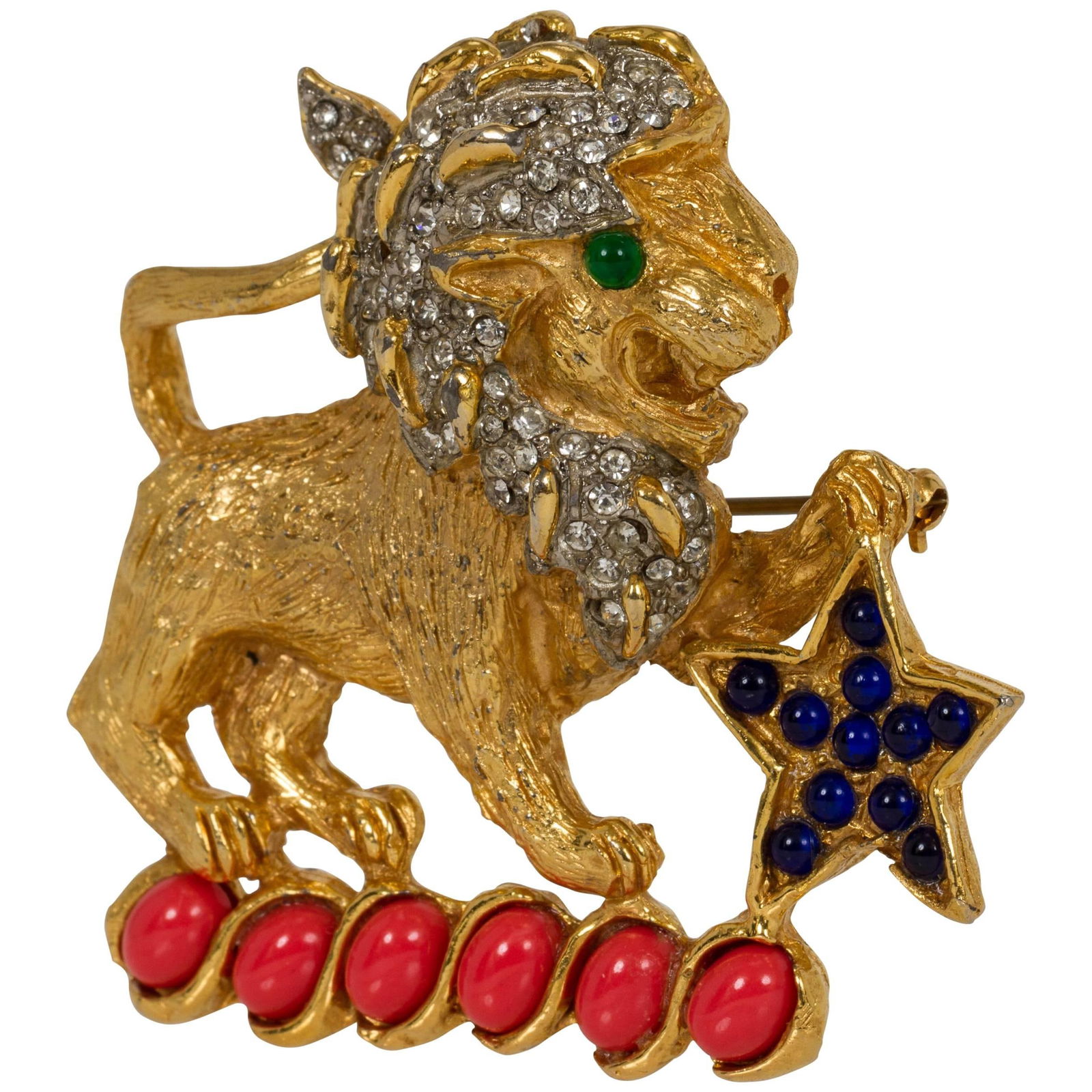 1960s Kenneth Jay Lane Gold Coral Lion Pin Vintage Jewelry: 1960s Kenneth Jay Lane Gold Coral Lion Pin Vintage Jewelry This stunning vintage pin from the iconic 1960s Kenneth Jay Lane collection showcases a beautifully crafted lion design. Made from gold-plate