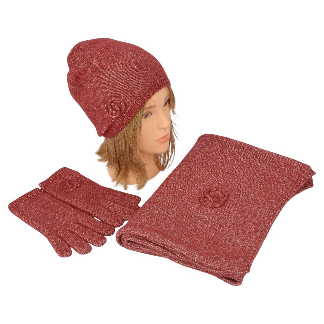 Chanel Red Cashmere Hat Scarf Gloves Set Italy: Chanel Red Cashmere Hat Scarf Gloves Set Italy Stay stylish and warm this winter with this exquisite Chanel accessory set, featuring a hat, scarf, and gloves in a vibrant red hue with a subtle white u