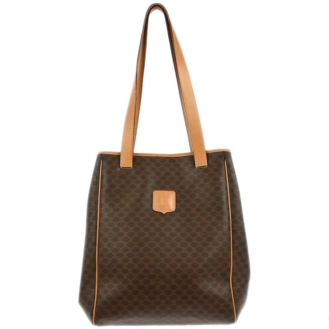 Celine Macadam Brown PVC Tote Bag with Double Handles: Celine Macadam Brown PVC Tote Bag with Double Handles This Celine Macadam tote handbag features a brown PVC exterior with the iconic logo accents. Designed with double handles and a medium size, it of
