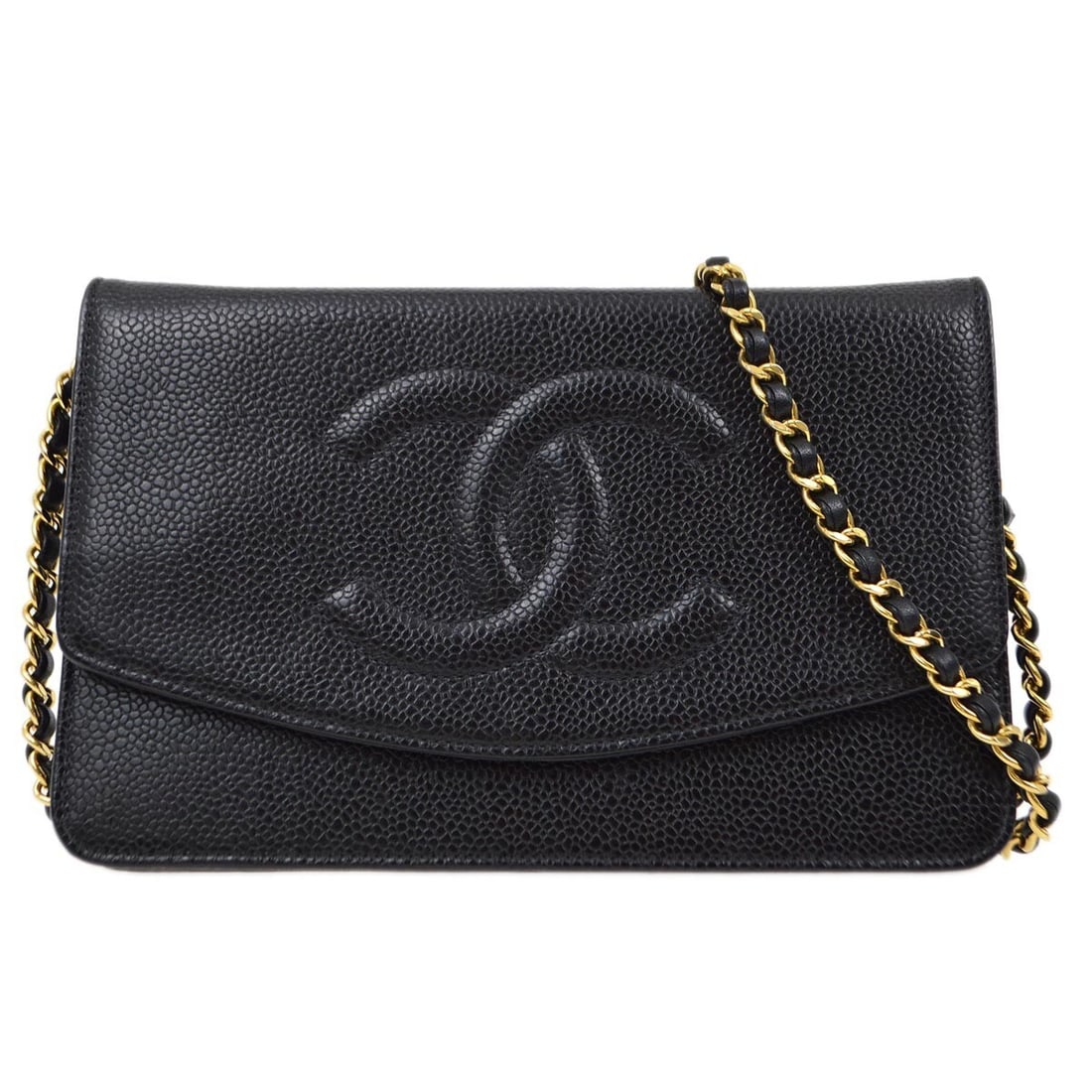 Chanel Black Caviar Leather Wallet on Chain Bag: Chanel Black Caviar Leather Wallet on Chain Bag This elegant Chanel Wallet on Chain (WOC) features a classic black caviar skin leather exterior, known for its durability and luxurious texture. The wal
