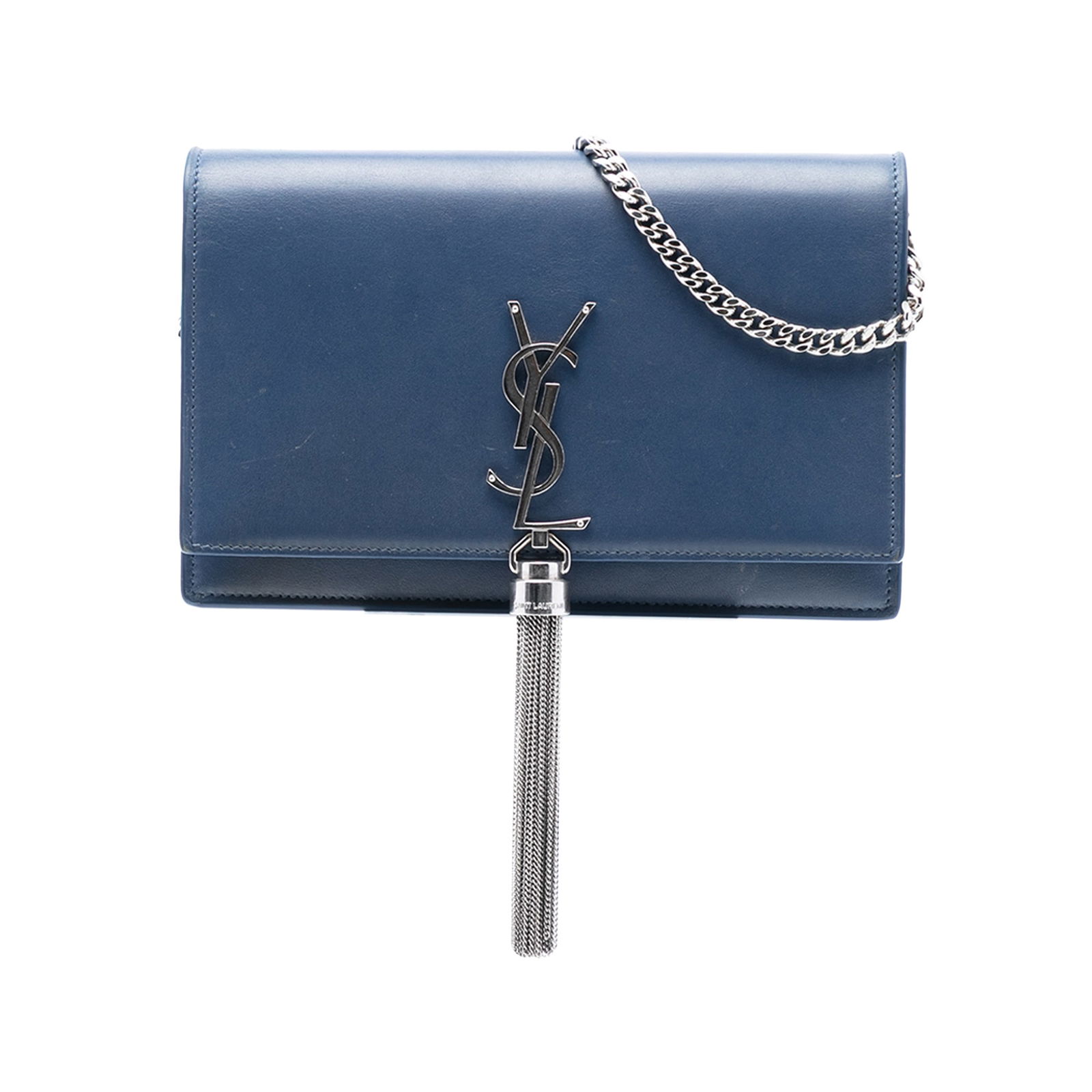 Kate Monogram Blue Leather Wallet on Chain with Tassel by Saint Laurent: Kate Monogram Blue Leather Wallet on Chain with Tassel by Saint Laurent This Saint Laurent Smooth Calfskin Monogram Kate Tassel Wallet on Chain features a blue leather exterior with a signature tassel