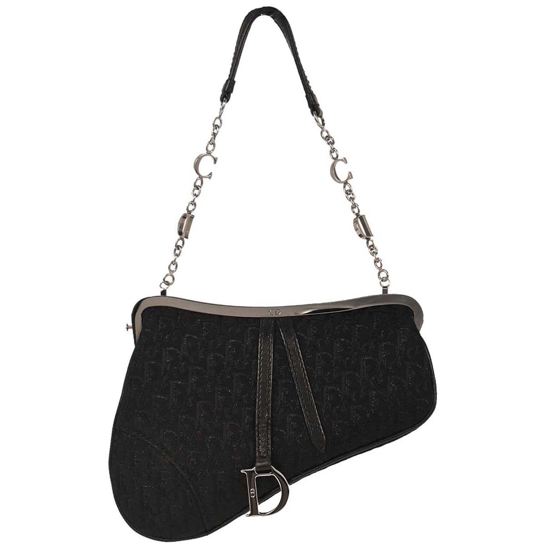 Dior Mini Saddle Bag Black Canvas Trotter Pattern 95BM-0043: Dior Mini Saddle Bag Black Canvas Trotter Pattern 95BM-0043 This Dior Saddle bag features the iconic Trotter design in black canvas with a mini size. It has a structured silhouette, a handle drop of 6
