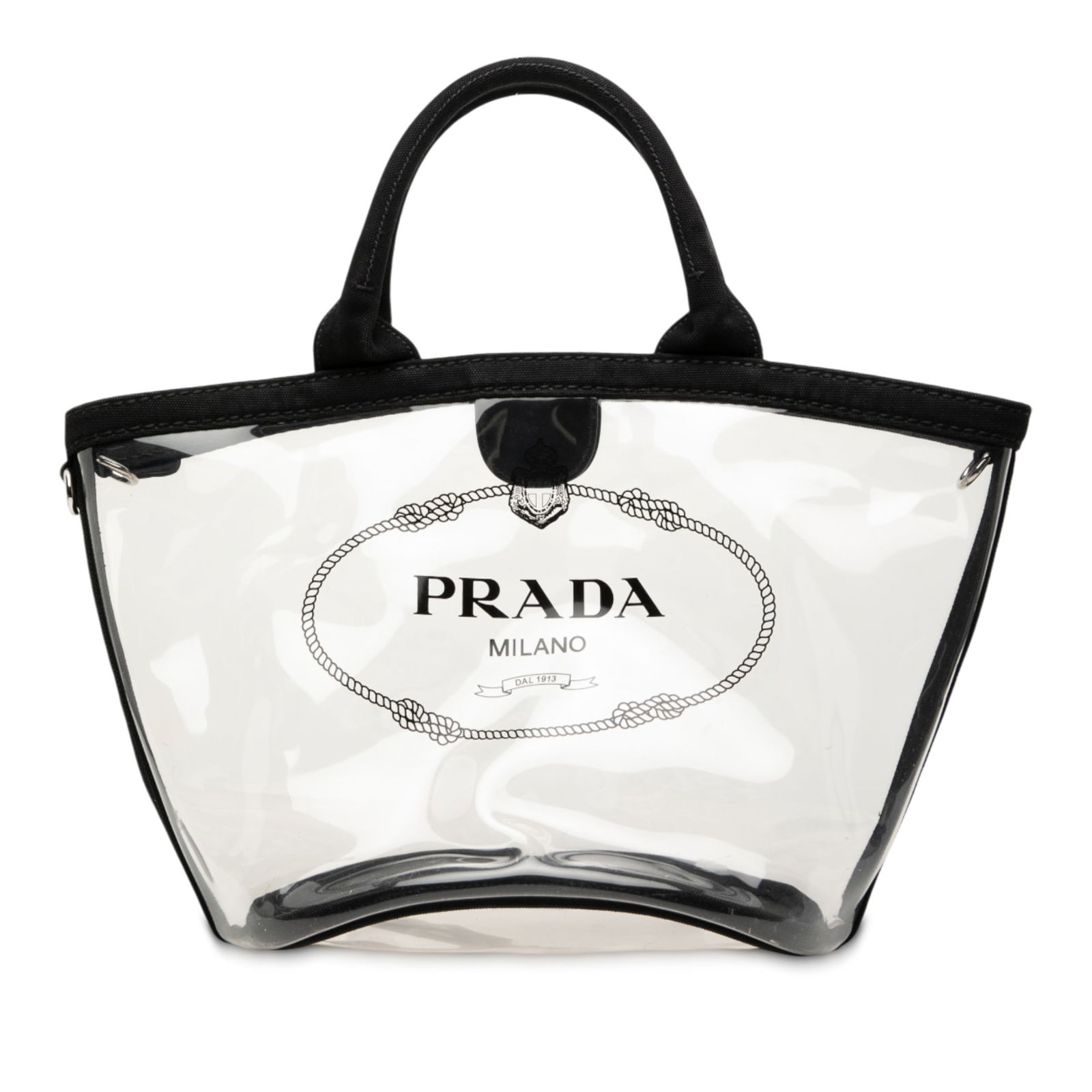 Prada Canapa Logo Satchel Black PVC and Canvas with Detachable Strap: Prada Canapa Logo Satchel Black PVC and Canvas with Detachable Strap This Prada PVC Canapa Logo Satchel features a vinyl body with canvas trim, rolled handles, a detachable flat strap, an open top wit