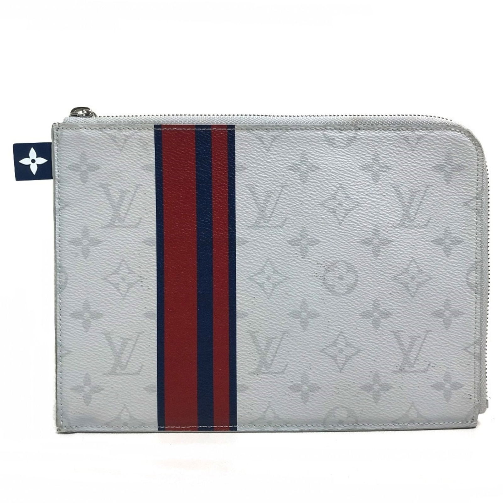 White Canvas Pochette Jour Clutch by Louis Vuitton: White Canvas Pochette Jour Clutch by Louis Vuitton This Louis Vuitton Pochette Jour is crafted from white canvas and features a sleek, unisex design. Made in France, it offers a compact and practical