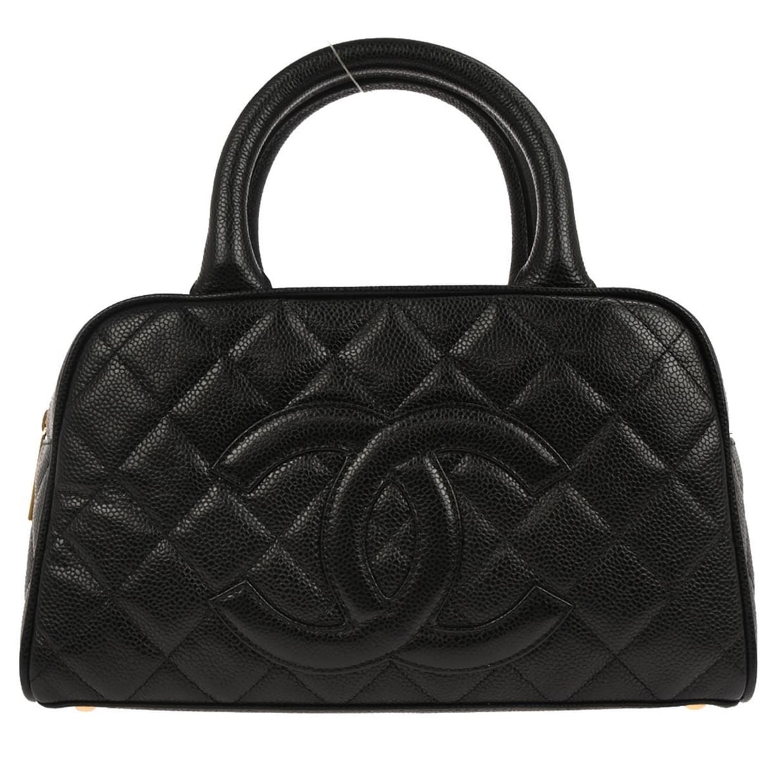 Small Black Caviar Leather Top Handle Bowling Bag by Chanel: Small Black Caviar Leather Top Handle Bowling Bag by Chanel This Chanel Black Calfskin Bowling Bag 27 features a sleek black caviar skin leather exterior with double handles and a zipper closure. The