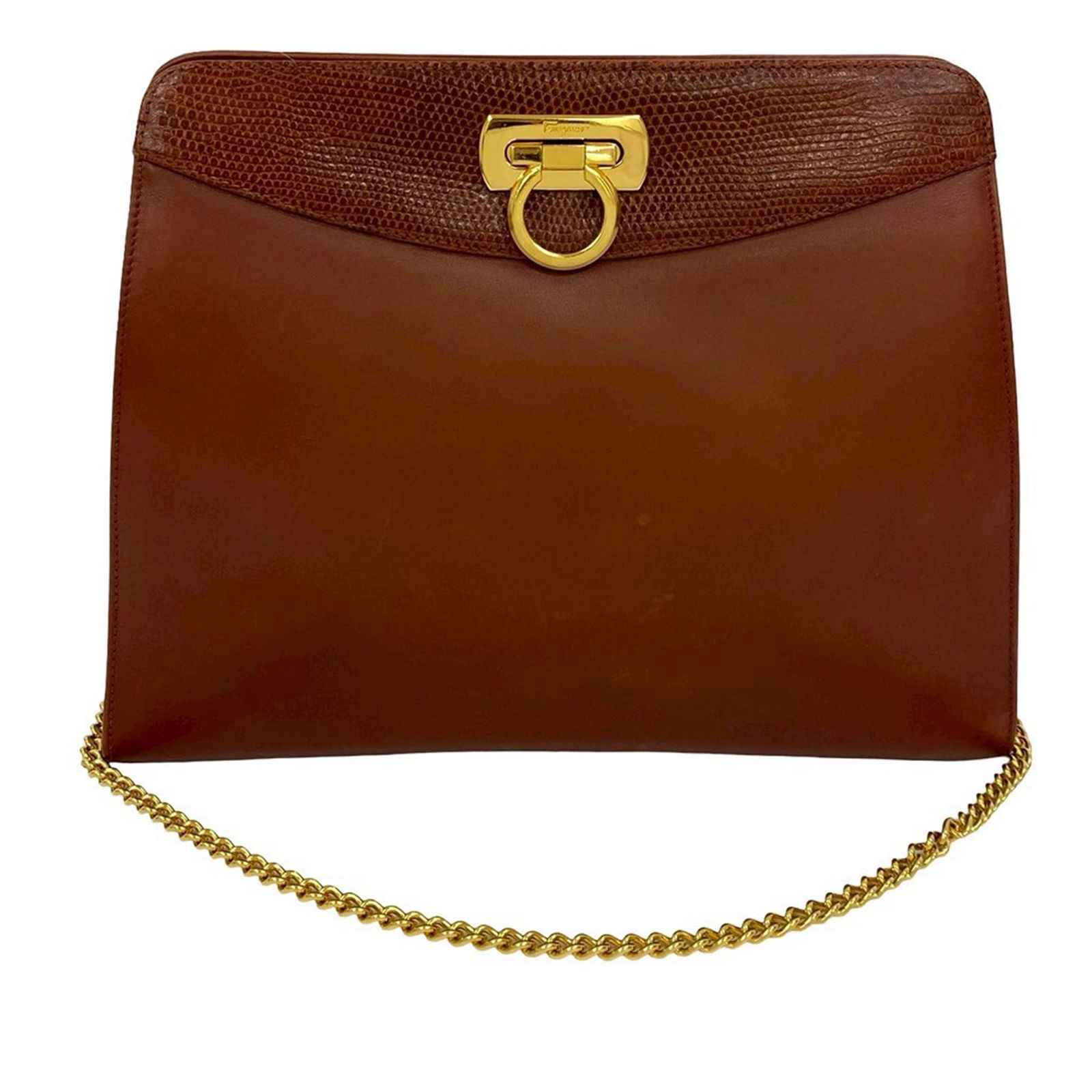 Brown Leather Gancini Chain Shoulder Bag by Ferragamo: Brown Leather Gancini Chain Shoulder Bag by Ferragamo This Ferragamo Gancini Chain Crossbody bag features a brown leather body with a chain link shoulder strap and an open top secured by a flip lock c