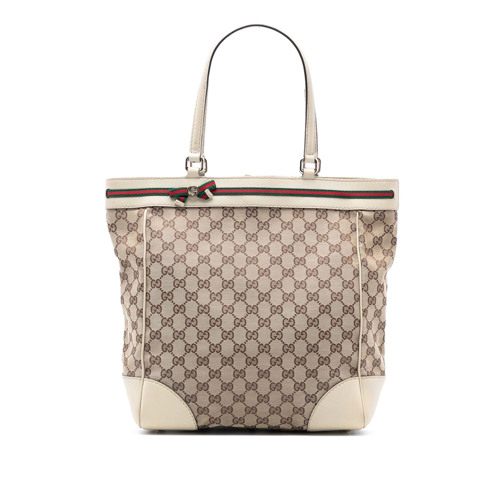 Brown Canvas Mayfair Shoulder Bag with Leather Trim by Gucci: Brown Canvas Mayfair Shoulder Bag with Leather Trim by Gucci This Gucci GG Canvas Mayfair Tote features a canvas body with leather trim, flat leather straps, and distinctive web and ribbon detailing a