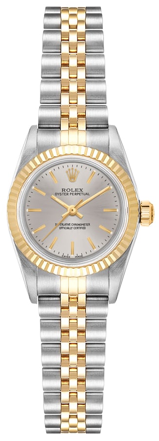Ladies Rolex 76193 Oyster Perpetual Silver Dial Jubilee Bracelet with Papers 2002: Ladies Rolex 76193 Oyster Perpetual Silver Dial Jubilee Bracelet with Papers 2002 This ladies' Rolex Oyster Perpetual features a silver dial and a fluted bezel, paired with the signature Jubilee brace