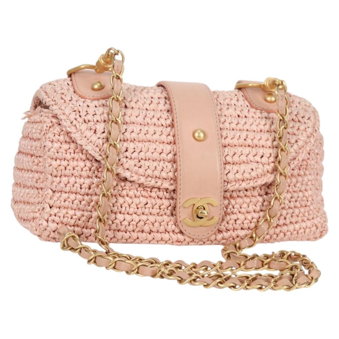 CHANEL Raffia Shoulder Bag Gold Pink Leather Auth 138082V Italy: CHANEL Raffia Shoulder Bag Gold Pink Leather Auth 138082V Italy This exquisite CHANEL shoulder bag showcases a stunning combination of gold and pink hues, crafted from high-quality leather. With a com