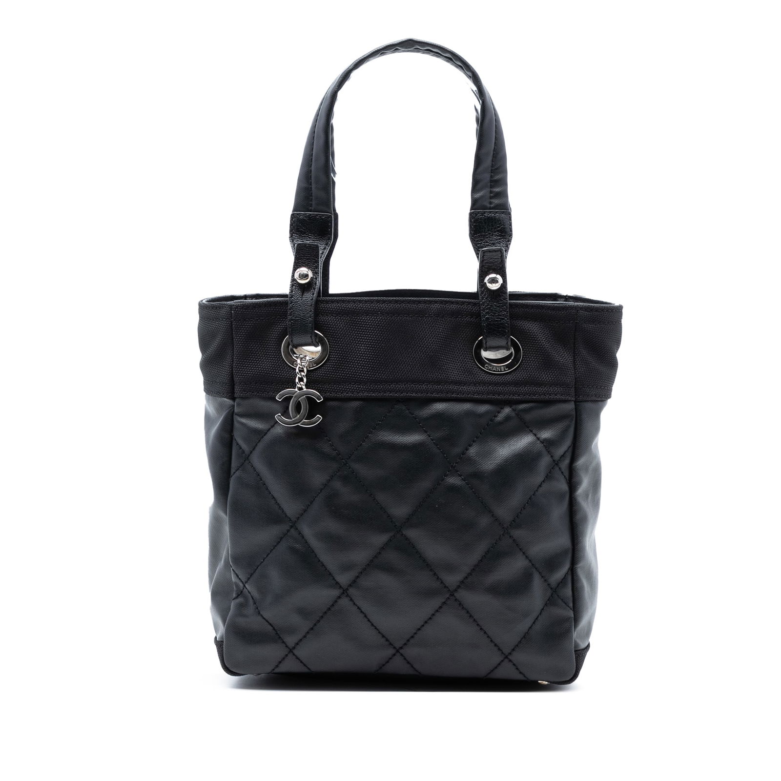 Chanel Paris Biarritz Small Black Quilted Coated Canvas Tote Bag: Chanel Paris Biarritz Small Black Quilted Coated Canvas Tote Bag This Chanel Small Quilted Coated Canvas Paris Biarritz Tote features a quilted coated canvas body with nylon trim, flat handles, a top