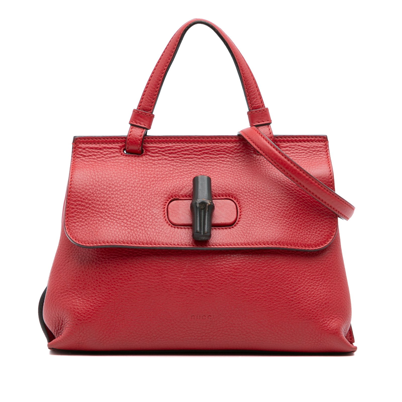 Gucci Red Small Leather Bamboo Daily Satchel with Twist Lock: Gucci Red Small Leather Bamboo Daily Satchel with Twist Lock This Gucci Small Leather Bamboo Daily Satchel is a stylish accessory crafted from luxurious leather. It features a flat top handle and a de