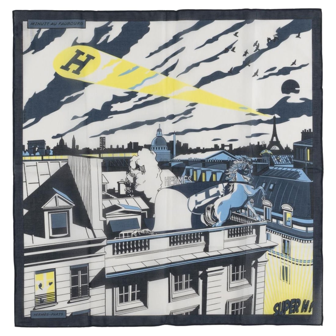 Hermes Nuit au Faubourg Scarf Anthracite Blanc Jaune Vif: Hermes Nuit au Faubourg Scarf Anthracite Blanc Jaune Vif Elevate your accessory collection with this exquisite Hermes "Nuit au Faubourg" scarf. Crafted in elegant shades of Anthracite, Blanc, and Jaun
