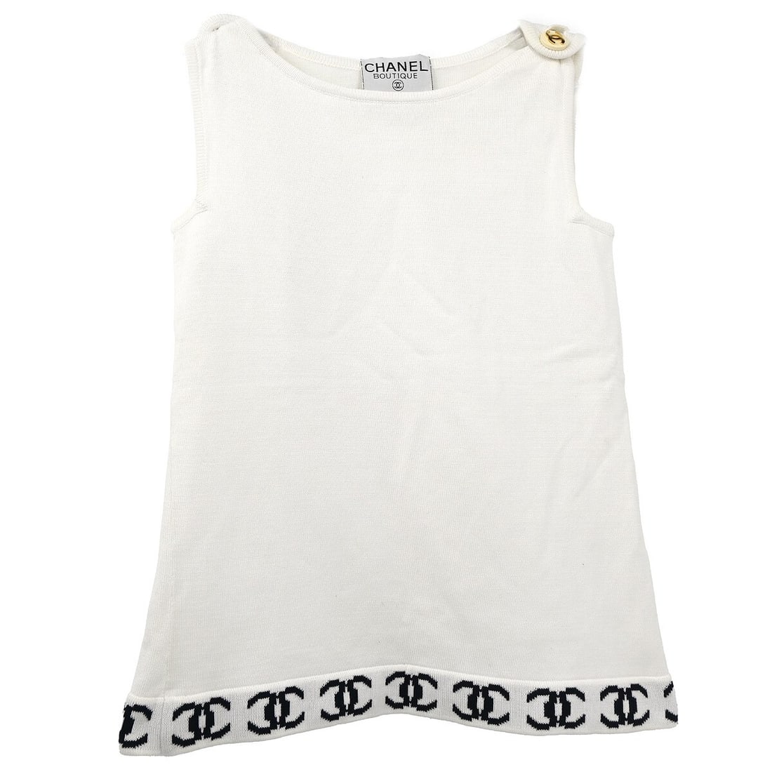 Chanel White Sleeveless Top with Button Logo: Chanel White Sleeveless Top with Button Logo Elevate your casual wardrobe with this chic Chanel Sleeveless Top. Designed with a classic round neckline and a sleeveless silhouette, this white tank top
