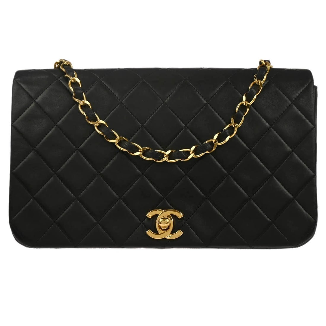 Matelasse Quilted Black Lambskin Small Shoulder Bag with Turn Lock Flap by Chanel: Matelasse Quilted Black Lambskin Small Shoulder Bag with Turn Lock Flap by Chanel This Chanel small shoulder bag features black lambskin leather with a quilted matelasse pattern and a signature turn l