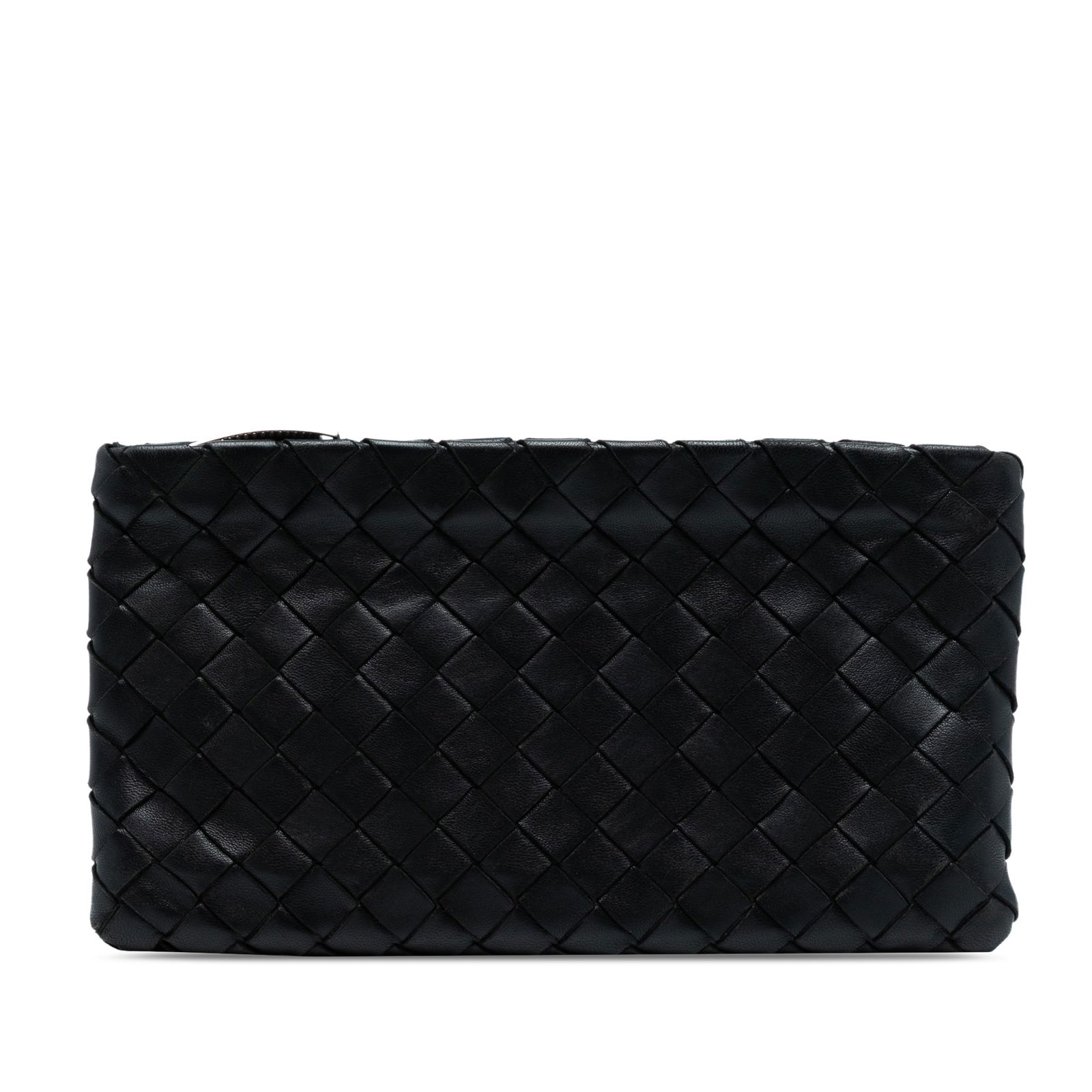 Small Black Leather Intrecciato Zip Clutch by Bottega Veneta: Small Black Leather Intrecciato Zip Clutch by Bottega Veneta This Bottega Veneta Small Nappa Intrecciato Zip Pouch features a woven nappa leather exterior in black with a top zip closure and interior