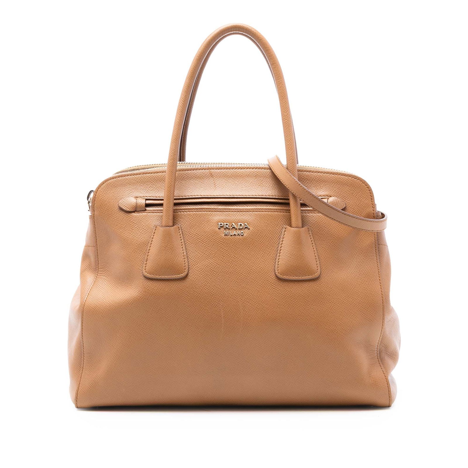 Brown Prada Saffiano Leather Satchel with Removable Strap: Brown Prada Saffiano Leather Satchel with Removable Strap This Prada Saffiano Cuir Satchel is crafted from brown saffiano leather and features rolled leather handles, a detachable flat leather strap,