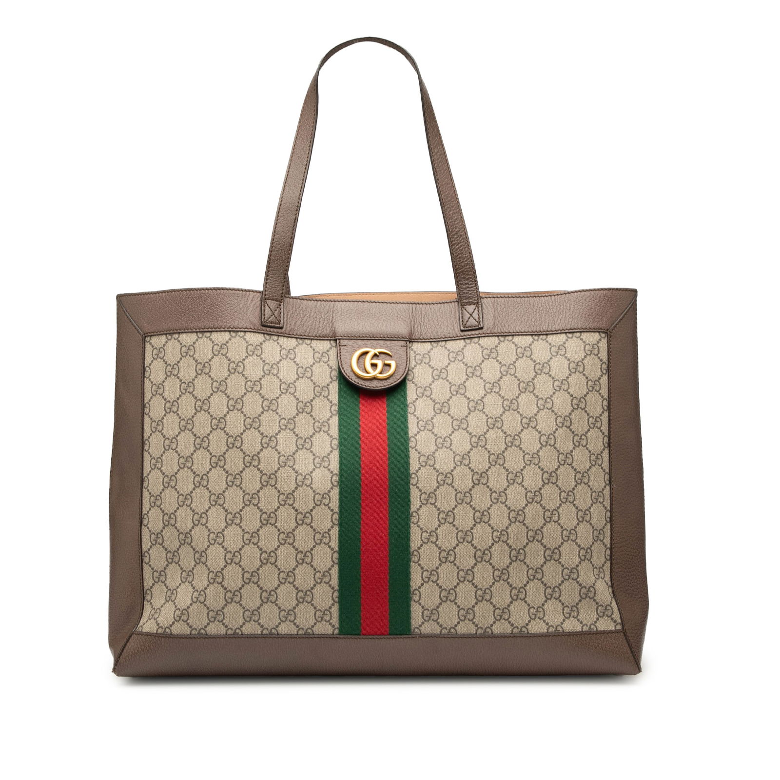 Gucci Ophidia GG Supreme Brown Tote Bag with Leather Trim: Gucci Ophidia GG Supreme Brown Tote Bag with Leather Trim This Gucci GG Supreme Ophidia Tote features a coated canvas body with leather trim, flat leather handles, and an open top. It includes a pouch