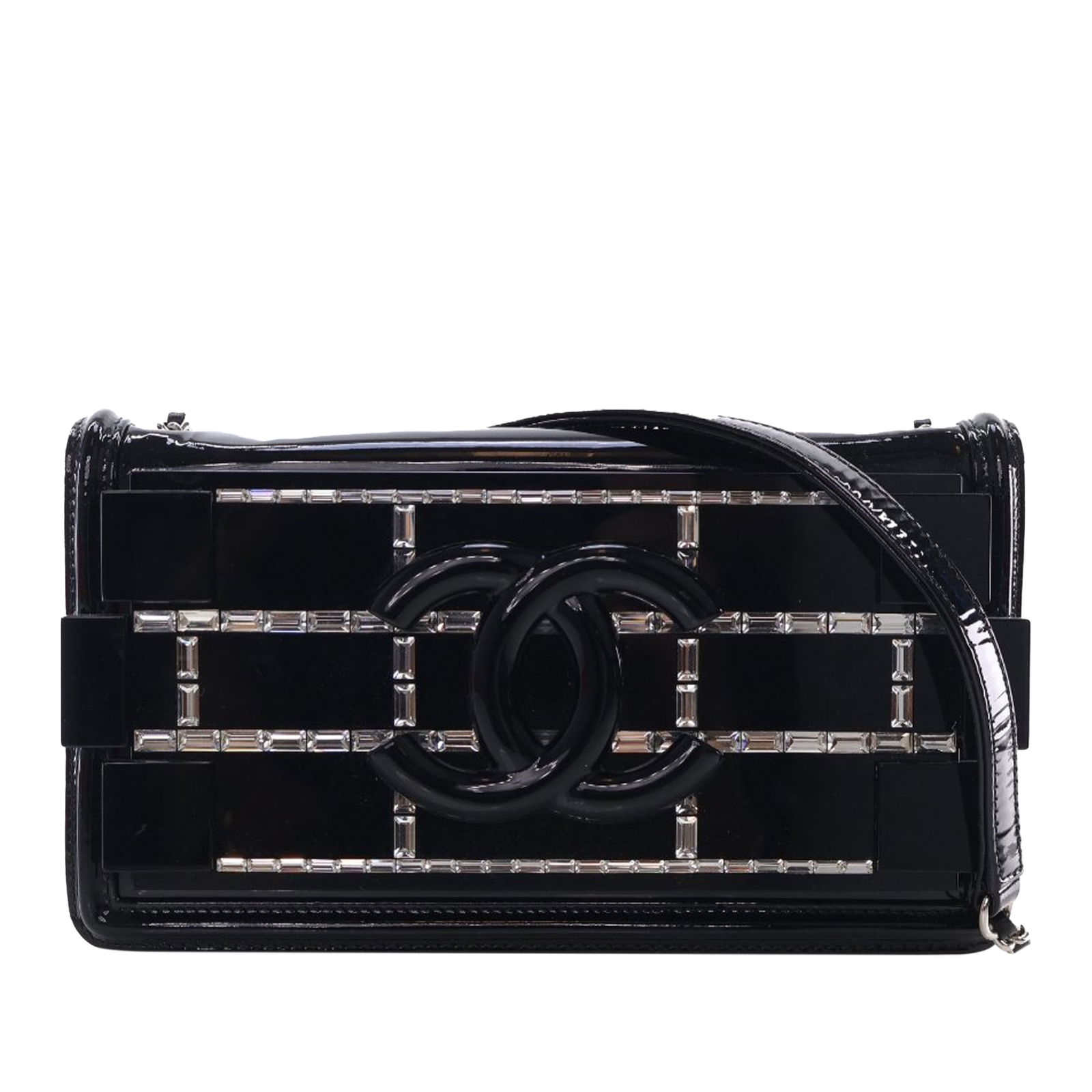 Chanel Boy Brick Flap Bag with Patent Leather and Acrylic Crystal Accents: Chanel Boy Brick Flap Bag with Patent Leather and Acrylic Crystal Accents This Chanel Boy Brick Horizontal Flap bag features a patent leather body with acrylic crystal embellishments, a leather-woven