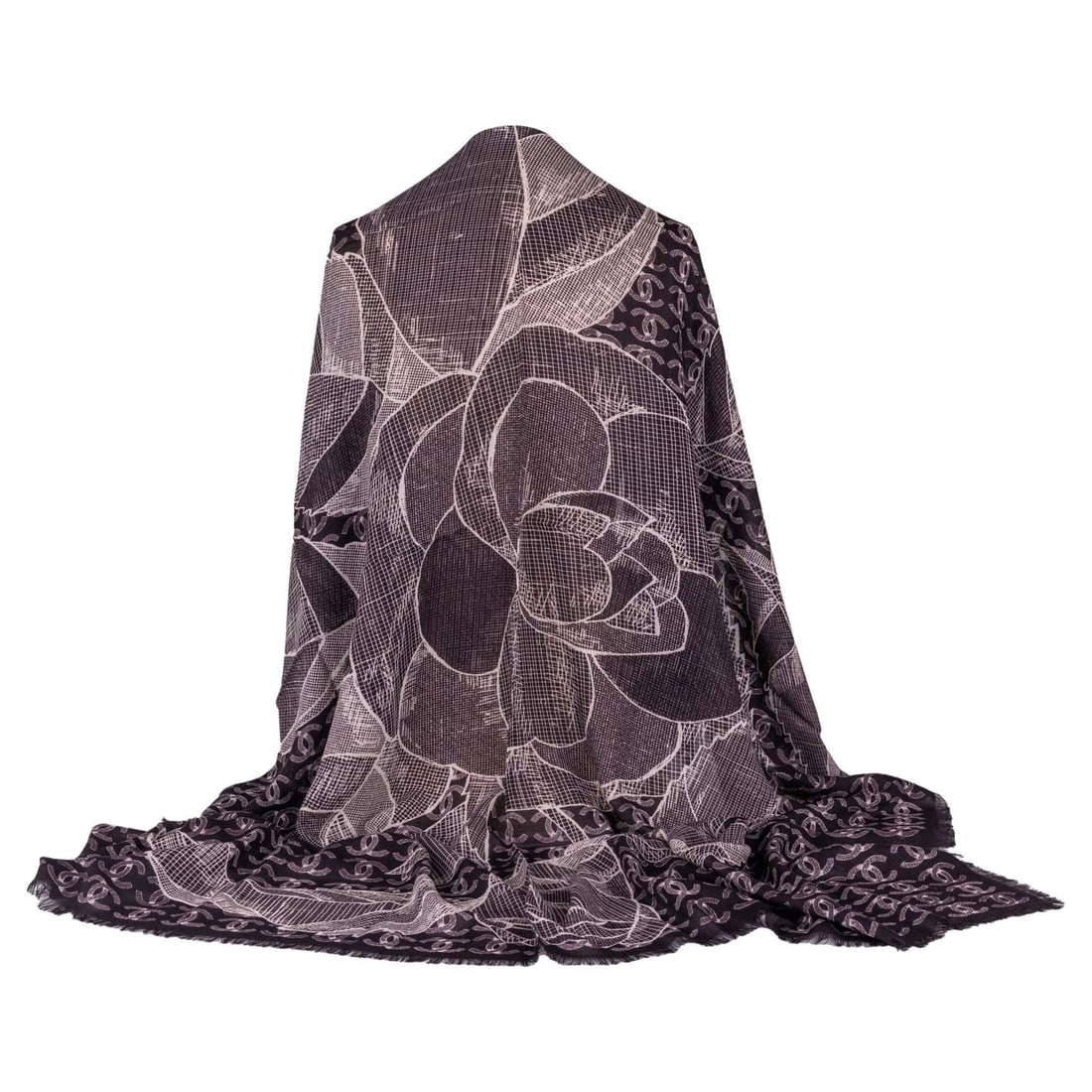 Chanel Black Cashmere Shawl with Camellia and CC Logos: Chanel Black Cashmere Shawl with Camellia and CC Logos Elevate your style with this exquisite Chanel Cashmere Shawl, beautifully crafted in Italy. This luxurious piece features a striking black and wh