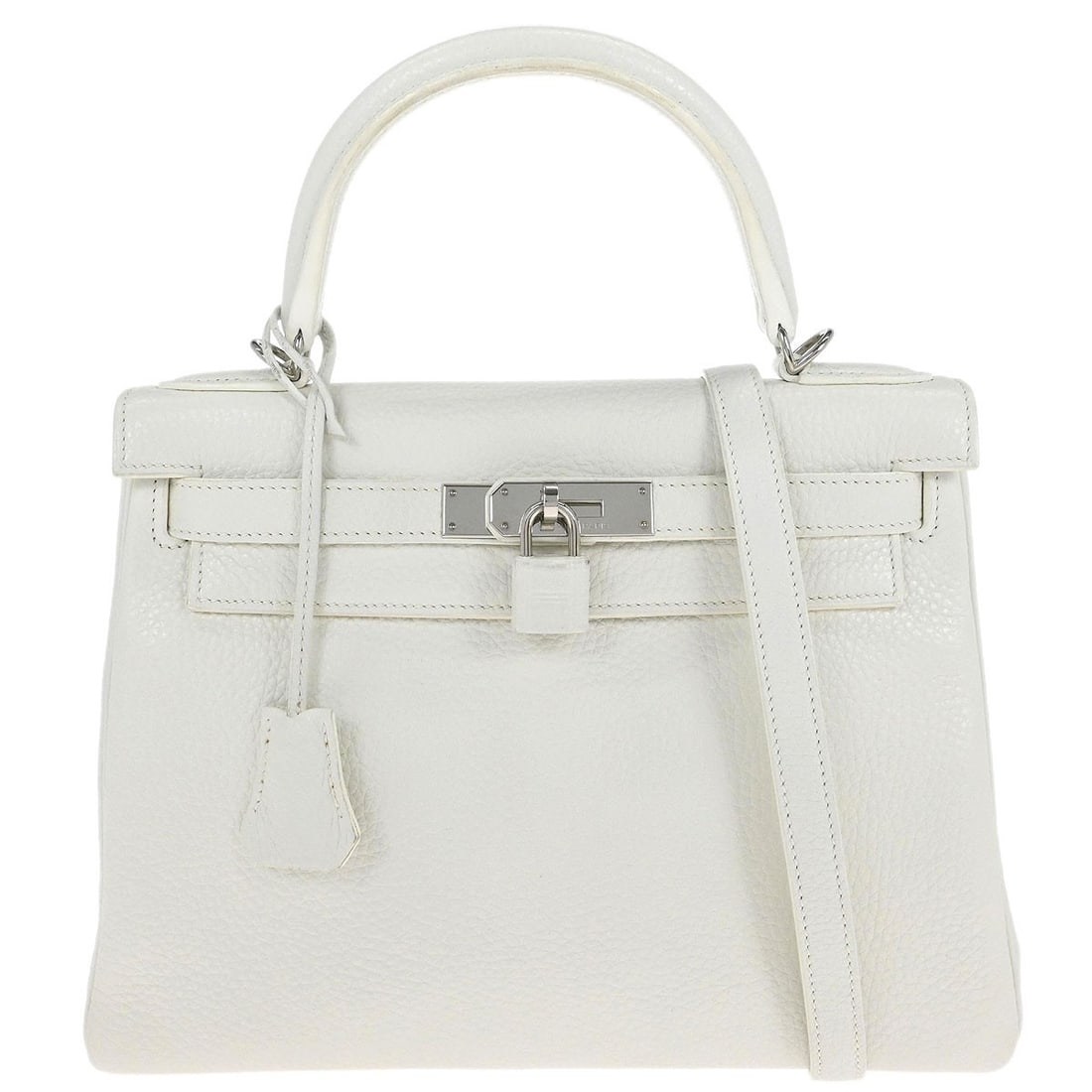 Hermes Kelly 28 White Clemence Leather Top Handle Satchel with Shoulder Strap (1 of 10)