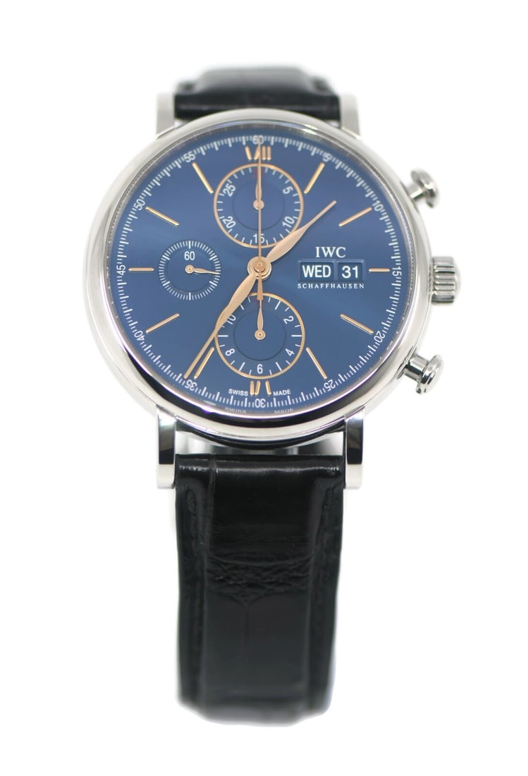 IWC Portofino Chronograph Stainless Steel IW391036 Blue Dial Leather Band: IWC Portofino Chronograph Stainless Steel IW391036 Blue Dial Leather Band This IWC Portofino Chronograph watch is a stunning blend of style and functionality. Crafted from stainless steel, this wristw