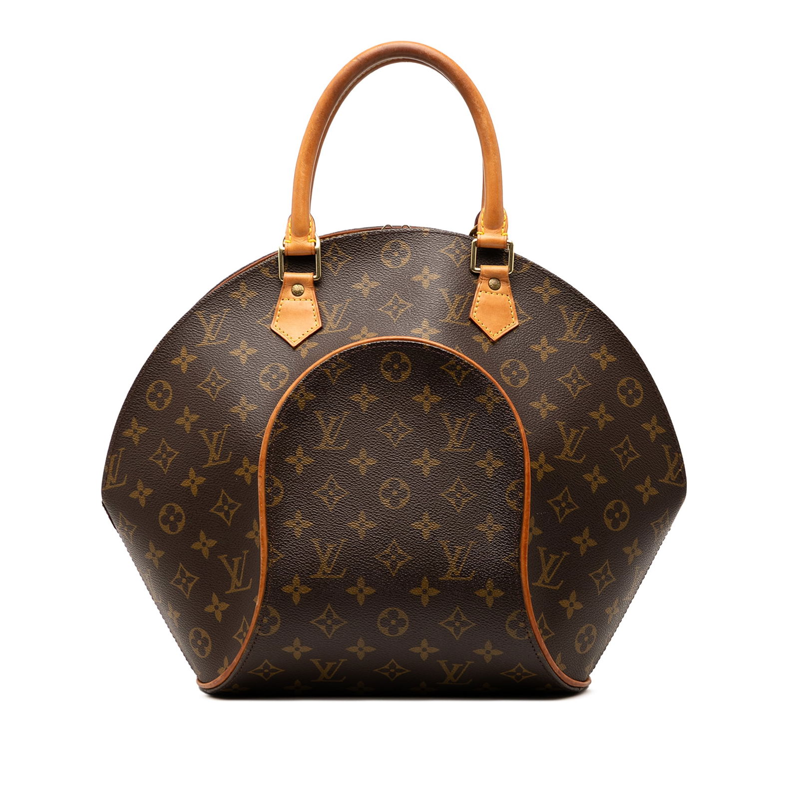 Monogram Canvas Ellipse MM Handbag with Leather Trim by Louis Vuitton: Monogram Canvas Ellipse MM Handbag with Leather Trim by Louis Vuitton The Louis Vuitton Monogram Ellipse MM features the iconic monogram canvas body with vachetta leather trim and rolled vachetta leat