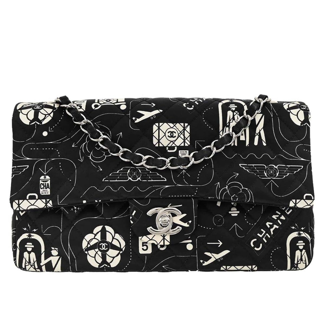 Chanel Black Satin Airline Medium Classic Double Flap Shoulder Bag Caviar Leather: Chanel Black Satin Airline Medium Classic Double Flap Shoulder Bag Caviar Leather Elevate your style with this Chanel Black Satin Airline Medium Classic Double Flap Shoulder Bag. Crafted from luxuriou