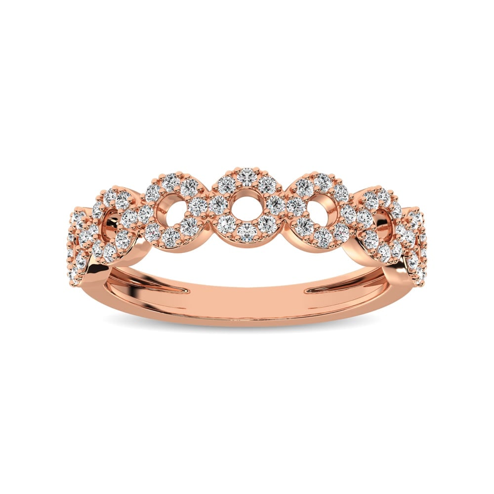 14K Rose Gold 1/3 Ct.Tw. Diamond 7 Station Stackable Band: 14K Rose Gold 1/3 Ct.Tw. Diamond 7 Station Stackable Band This beautiful ring is available in 14K Rose Gold. There are 56 round diamonds with a total carat weight of 1/3 Ct.Tw. set in a Shared Prong S