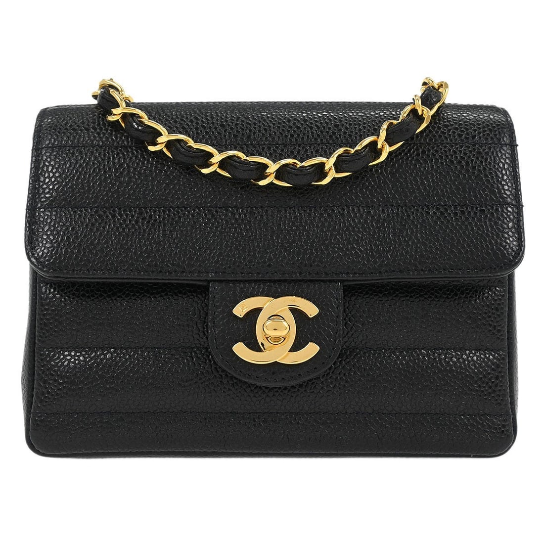 Chanel Black Caviar Mini Classic Flap Bag with Crossbody Strap: Chanel Black Caviar Mini Classic Flap Bag with Crossbody Strap This Chanel Mini Classic Square Flap Bag is a stunning accessory crafted from luxurious black caviar skin leather. With a stylish quilted