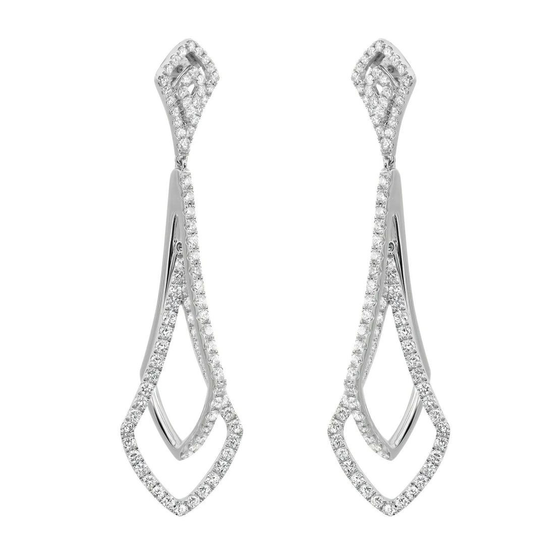 Tresorra 18K White Gold Long Drop Earrings 3.60Cttw Diamond Dangle: Tresorra 18K White Gold Long Drop Earrings 3.60Cttw Diamond Dangle Elevate your elegance with these stunning Tresorra Long Drop Earrings, exquisitely crafted from lustrous 18K white gold. Each earring