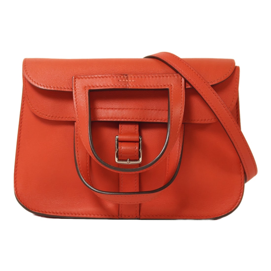 Mini Halzan 2way Shoulder Bag in Red Veau Swift Leather by Hermes: Mini Halzan 2way Shoulder Bag in Red Veau Swift Leather by Hermes This Hermes Mini Halzan 2 Way Shoulder Bag is crafted from Veau Swift calfskin leather in a striking red shade called Rouge Pivoine. T