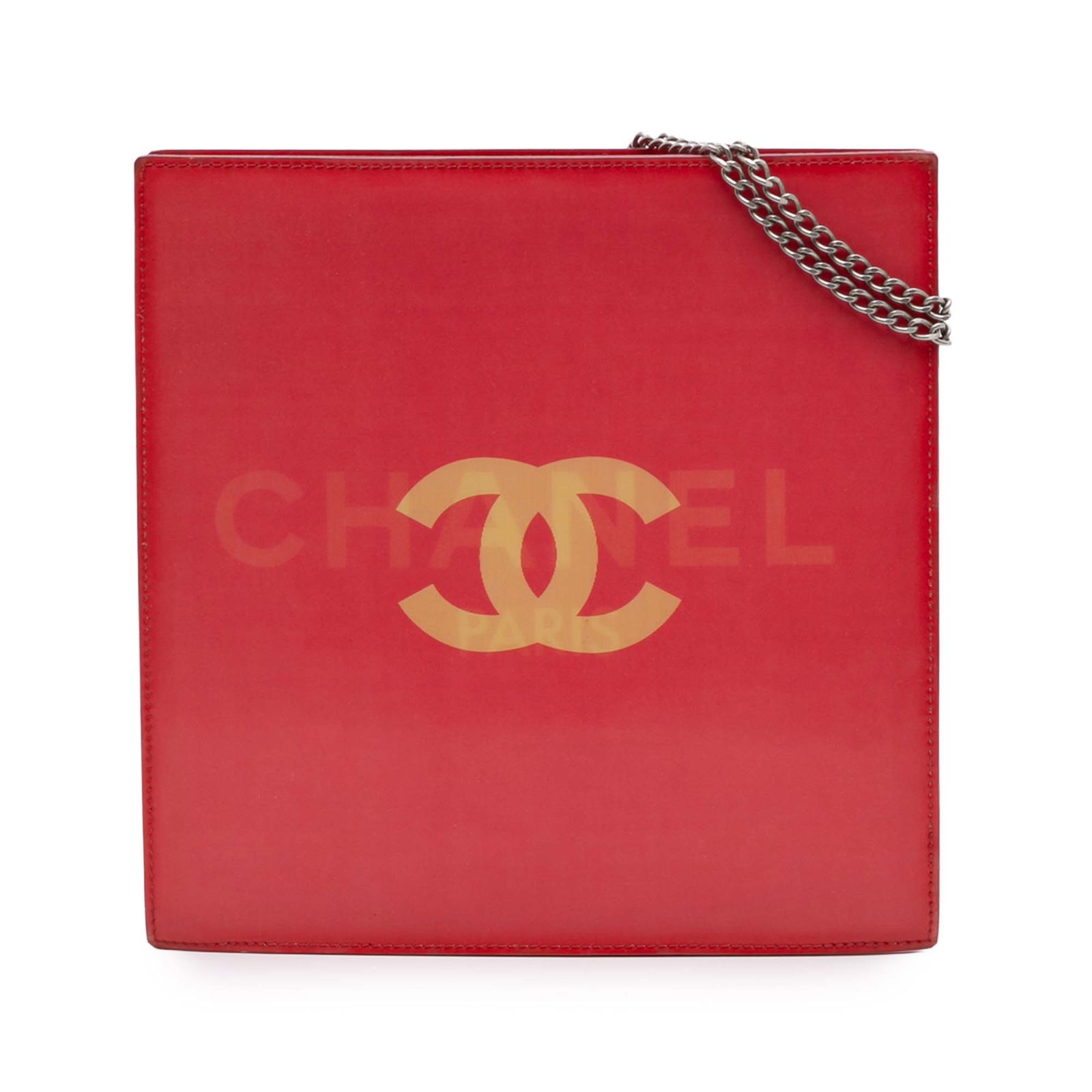 Chanel Vinyl Hologram CC Red Shoulder Bag: Chanel Vinyl Hologram CC Red Shoulder Bag This Chanel Vinyl Hologram CC Shoulder Bag is a stylish accessory featuring a vibrant red vinyl body paired with silver-tone chain straps. It has an open top