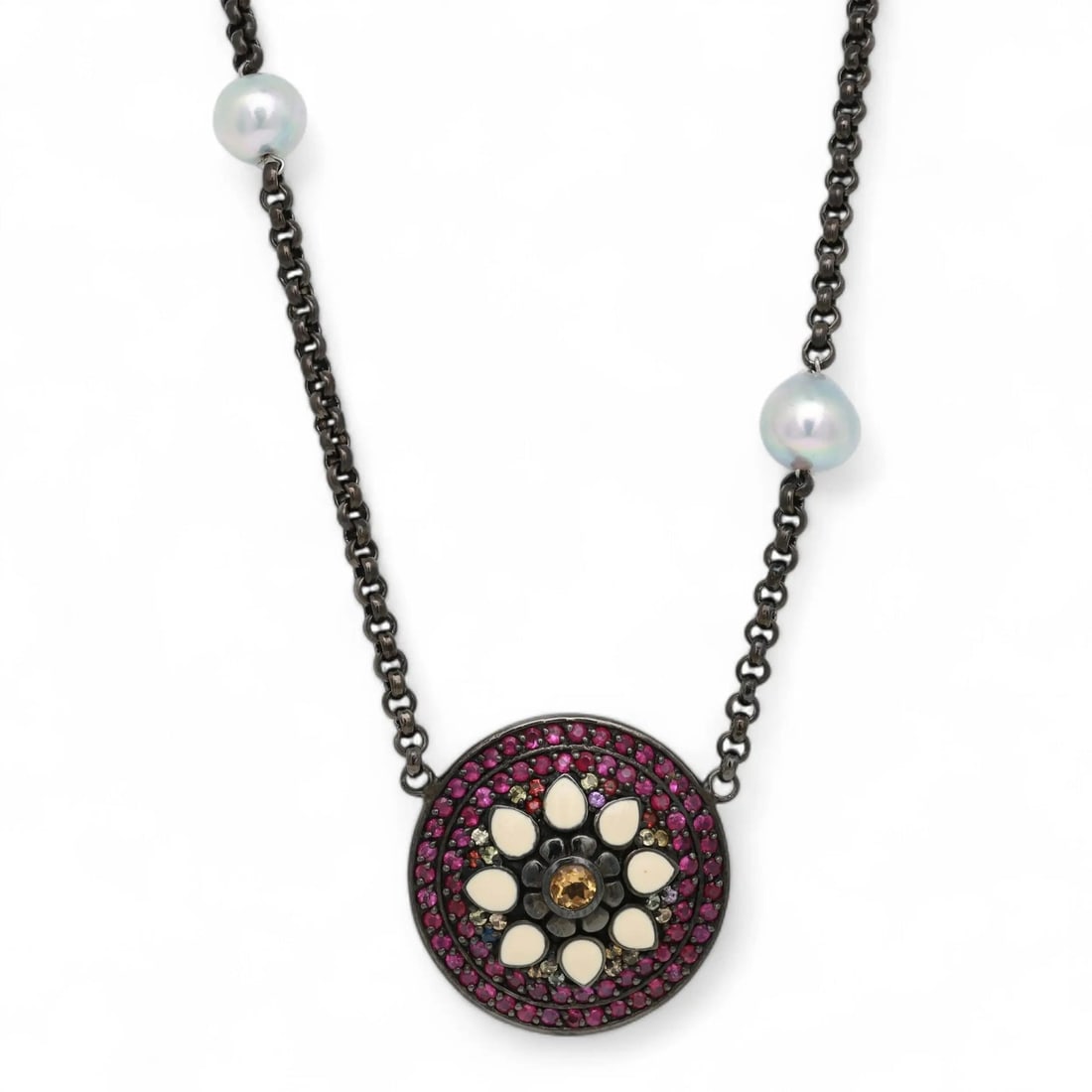 MCL Pendant Necklace Sterling Silver With Rubies Citrine Sapphires Enamel Pearls: MCL Pendant Necklace Sterling Silver With Rubies Citrine Sapphires Enamel Pearls This elegant pendant necklace by Matthew Campbell Laurenza (MCL) is crafted from 925 sterling silver with black rhodium