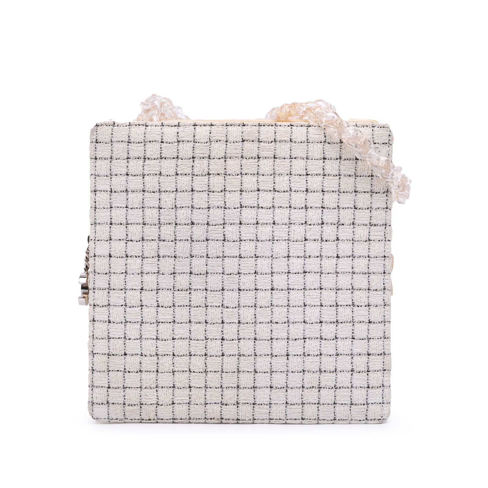 Chanel Small Tweed Resin Zipped Shopping Bag White Fabric 23cm: Chanel Small Tweed Resin Zipped Shopping Bag White Fabric 23cm This elegant Chanel Small Tweed and Resin Zipped Shopping Bag showcases a sophisticated tweed body complemented by leather trim. The bag